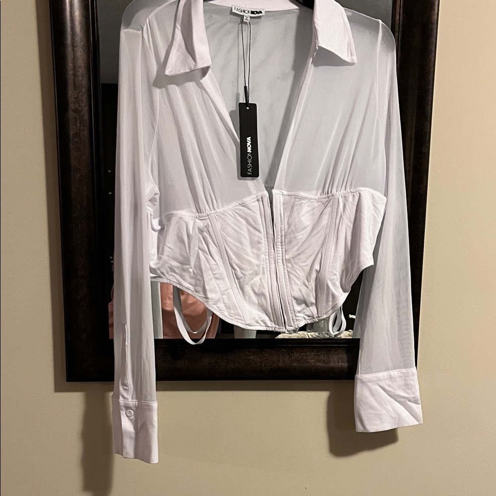 Fashion Nova White Sheer Cropped Blouse